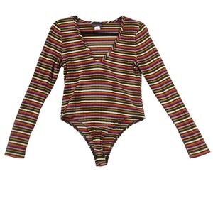 Discreet Striped Ribbed Knit V-Neck Long Sleeve Bodysuit Red Yellow Black 10471